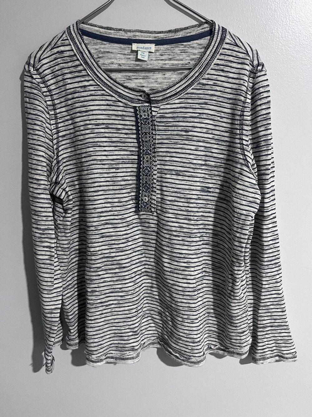 Sundance T-Shirt Womens PXL White Striped Henley Long Sleeve Lightweight